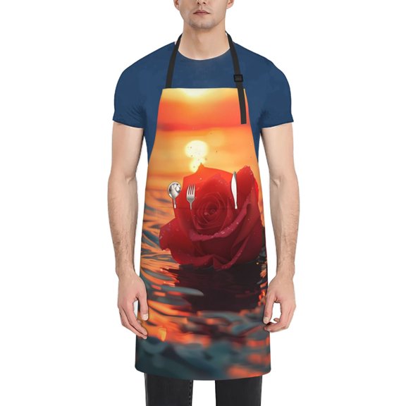Vsdgher Romantic Roses Sunset Ocean Waterproof Apron with 2 Pockets Kitchen Chef Aprons Bibs for Grooming Cooking Baking Painting Gardening