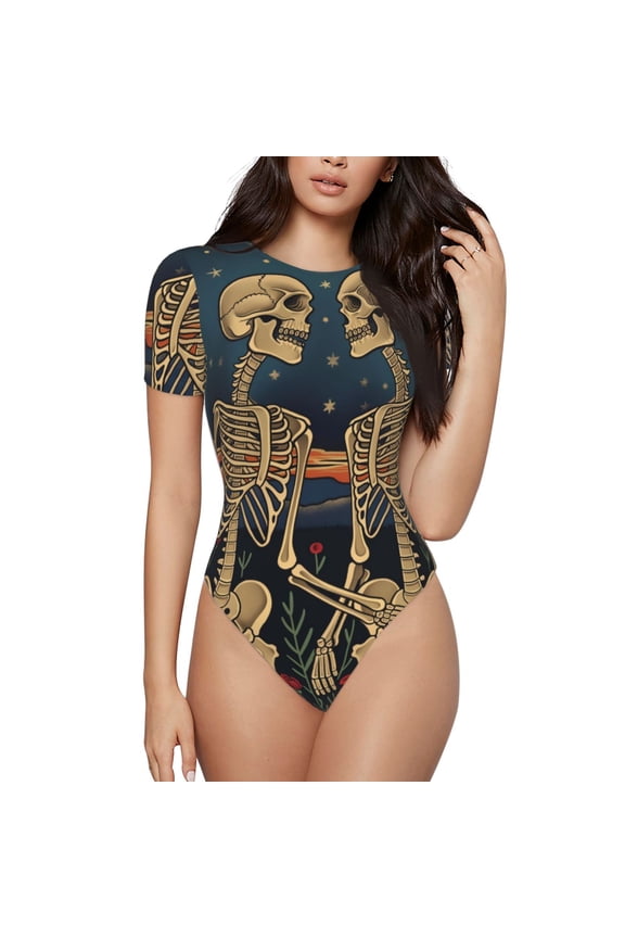 Romantic Skeletons Under Moon Prinr Short Sleeve Body suit for Womens, Sexy Onesie One Piece Round Neck Bodysuit Shapewear Tummy Control-Large