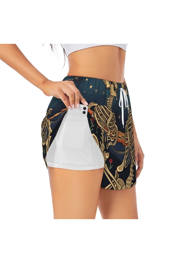 Romantic Skeletons Under Moon Athletic Shorts for Women, Women's Running Double Layer Shorts, High Waisted Yoga Shorts, Workout Athletic Shorts-Large
