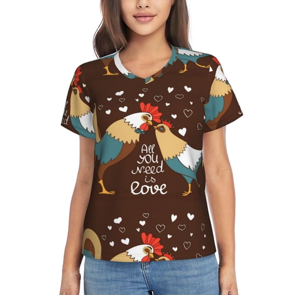Vsdgher Rooster And Chicken Women Shirts V Neck Short Sleeve Tops T-Shirt Basic Tees, S to 3XLMedium