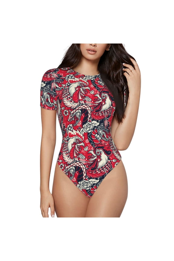 Rooster Head Prinr Short Sleeve Body suit for Womens, Sexy Onesie One Piece Round Neck Bodysuit Shapewear Tummy Control-X-Large