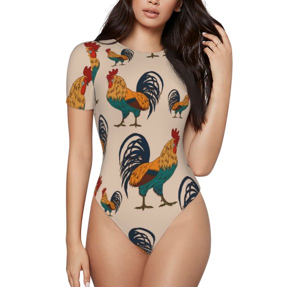 Vsdgher Rooster Prinr Short Sleeve Body suit for Womens, Sexy Onesie One Piece Round Neck Bodysuit Shapewear Tummy Control-Large