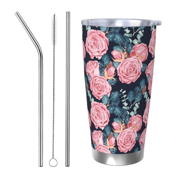 Vsdgher Rose Flowers 20 Oz Stainless Steel Vacuum Insulated, Travel Mug Coffee Cup for Home, Office, Outdoor Works Great for Ice Drinks and Hot Beverage -Straw Three-piece Set