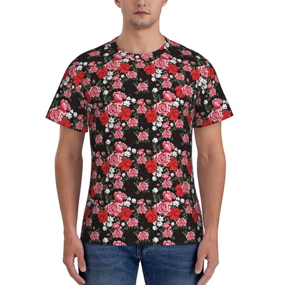 Vsdgher Rose Flowers Print Men's Dry Fit Mesh Athletic Shirts Moisture Wicking Tennis T-Shirt Tops