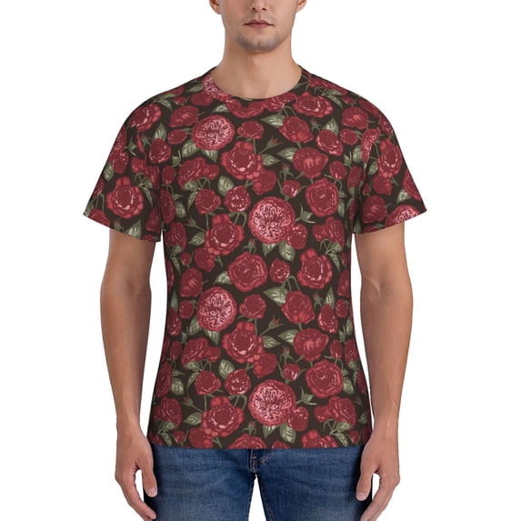 Vsdgher Rose Flowers Print Men's Dry Fit Mesh Athletic Shirts Moisture Wicking Tennis T-Shirt Tops
