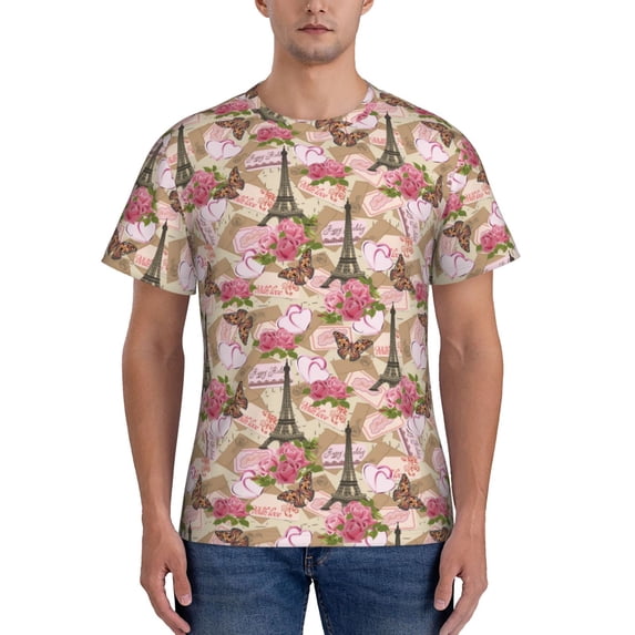 Vsdgher Rose Flowers Print Men's Dry Fit Mesh Athletic Shirts Moisture Wicking Tennis T-Shirt Tops