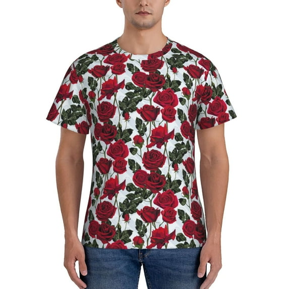 Vsdgher Rose Flowers Print Men's Dry Fit Mesh Athletic Shirts Moisture Wicking Tennis T-Shirt Tops