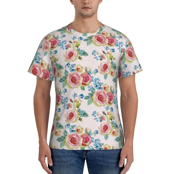 Vsdgher Rose Flowers Print Men's Dry Fit Mesh Athletic Shirts Moisture Wicking Tennis T-Shirt Tops