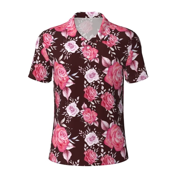 Vsdgher Rose Flowers Print Men's Short Sleeve Stretch Polo Shirt, Moisture-Wicking Performance Polo Shirt