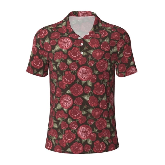 Vsdgher Rose Flowers Print Men's Short Sleeve Stretch Polo Shirt, Moisture-Wicking Performance Polo Shirt