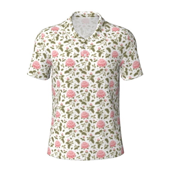 Vsdgher Rose Flowers Print Men's Short Sleeve Stretch Polo Shirt, Moisture-Wicking Performance Polo Shirt