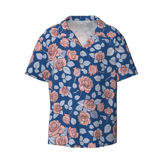 Vsdgher Rose Flowers Print Men's Wrinkle Free Untucked Cuban Shirt Business Casual Button Down Shirts Short Sleeve Shirt