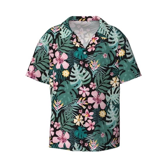 Vsdgher Rose Flowers Print Men's Wrinkle Free Untucked Cuban Shirt Business Casual Button Down Shirts Short Sleeve Shirt