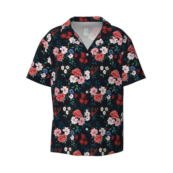 Vsdgher Rose Flowers Print Men's Wrinkle Free Untucked Cuban Shirt Business Casual Button Down Shirts Short Sleeve Shirt