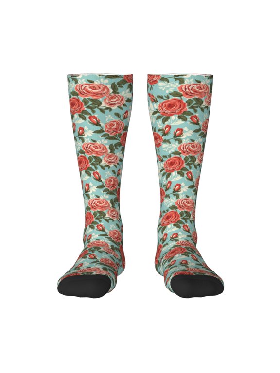 Rose Flowers Print Thigh High Socks Extra Long Stretchy Sock Women Over Knee High Opaque Stocking Daily Wear