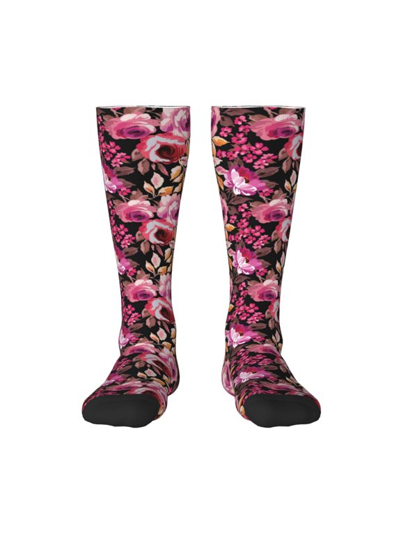 Rose Flowers Print Thigh High Socks Extra Long Stretchy Sock Women Over Knee High Opaque Stocking Daily Wear