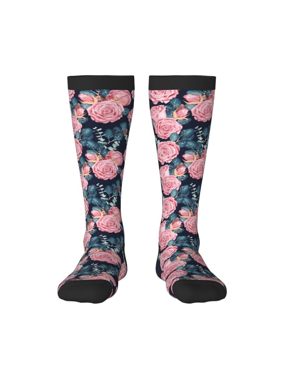 Rose Flowers Print Thigh High Socks Extra Long Stretchy Sock Women Over Knee High Opaque Stocking Daily Wear