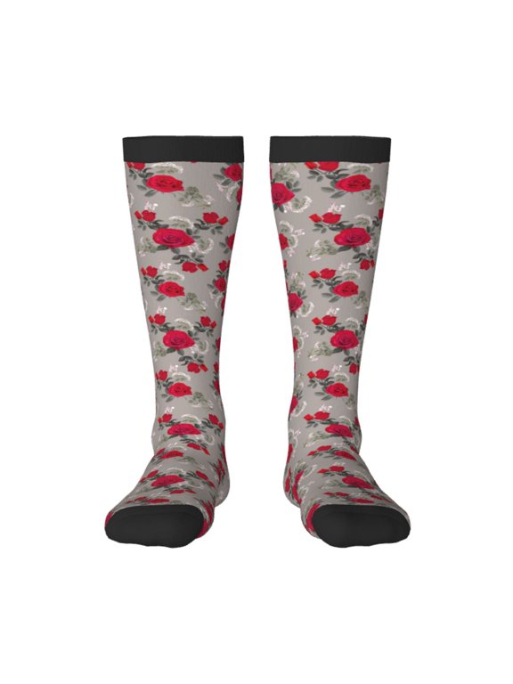 Rose Flowers Print Thigh High Socks Extra Long Stretchy Sock Women Over Knee High Opaque Stocking Daily Wear