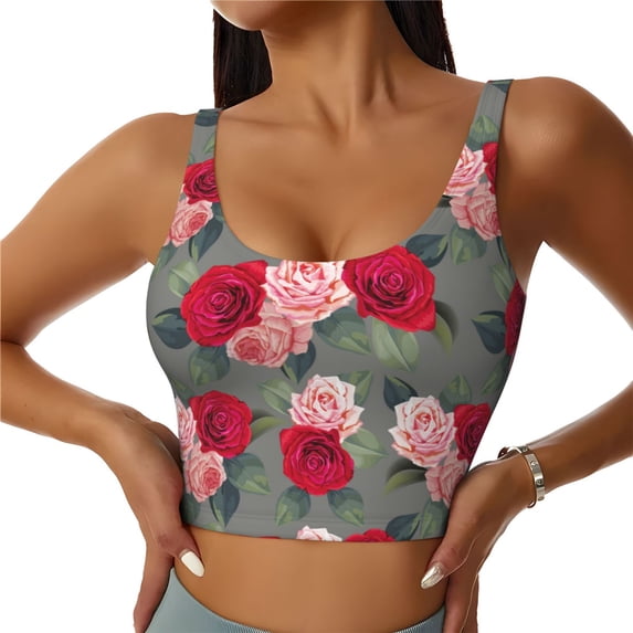 Vsdgher Rose Flowers Print Women Sleeveless Athletic Tank Top Built-in Bra Camisole Sports Vest for Yoga Running Fitness Exercise with Removable Pads