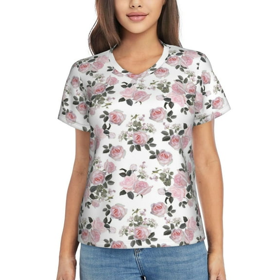 Vsdgher Rose Flowers Women Shirts V Neck Short Sleeve Tops T-Shirt Basic Tees, S to 3XLMedium