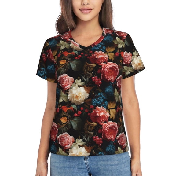 Vsdgher Rose Flowers Women Shirts V Neck Short Sleeve Tops T-Shirt Basic Tees, S to 3XLMedium