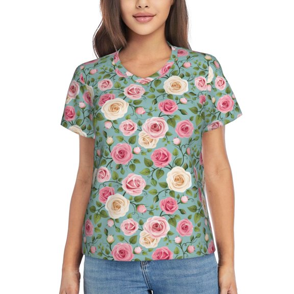 Vsdgher Rose Flowers Women Shirts V Neck Short Sleeve Tops T-Shirt Basic Tees, S to 3XLSmall