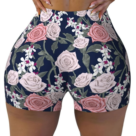 Vsdgher Rose Flowers print Workout Shorts for Women Seamless Soft Smooth Gym Yoga Scrunch Active Exercise Fitness Shorts