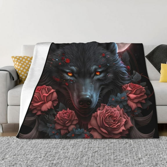 Vsdgher Rose Full Moon Black Wolf Pattern Fleece Throw Blanket, Horizontal Fleece Bedding Home Decor for Couch & Bed All Season Use -60"x50"