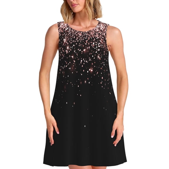 Vsdgher Rose Gold Glitter1 Print Summer Dresses for Women Casual U Neck Beach Dress Sleeveless Tank Loose Sundress with Pocket -XX-Large
