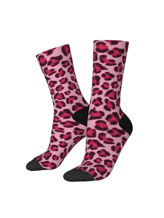 Rose Leopard Print Crew Socks for Men & Women, Breathable Casual Athletic Ankle Socks