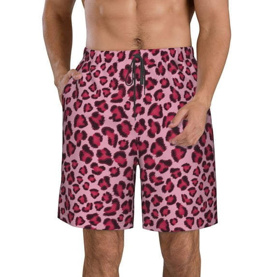 Vsdgher Rose Leopard Print Men's Beach Shorts, Surfing shorts, Swim trunks, Quick Dry Swim Trunks for Surfing Beach Fun -Large