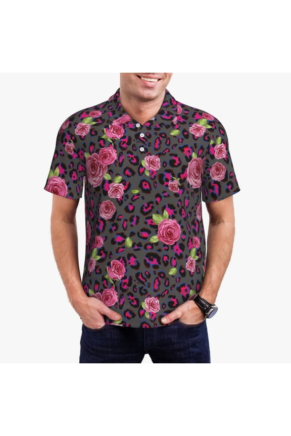 Rose Mix Leopard 2 Polo Shirts for Men, Men's Short Sleeve Stretch Polo Shirt, Shirts for Men-Large