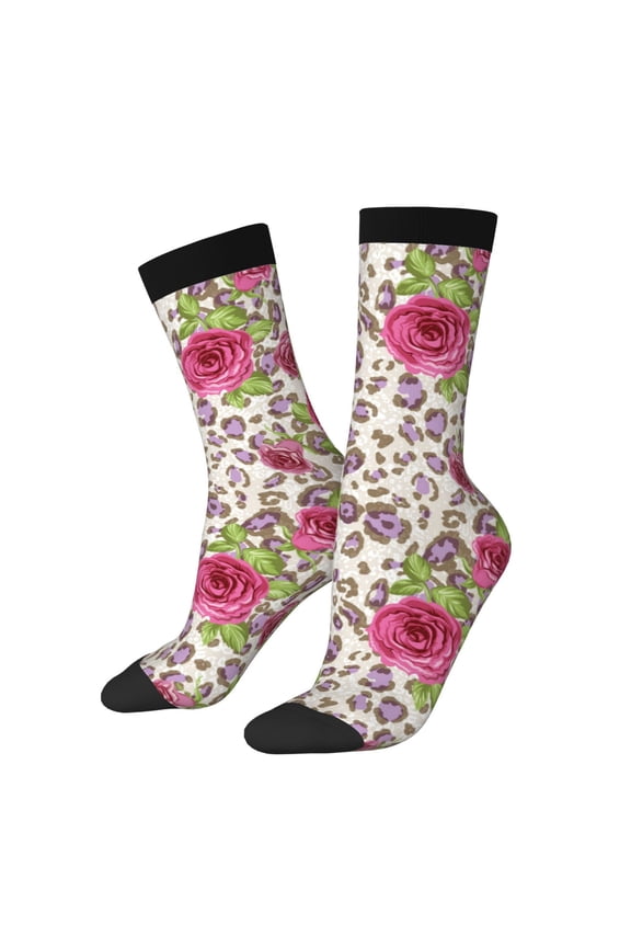 Rose Mix Leopard 4 Crew Socks for Men & Women, Breathable Casual Athletic Ankle Socks