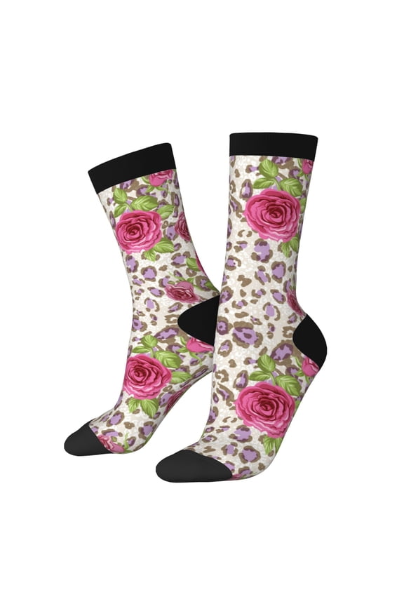 Rose Mix Leopard 4 Crew Socks for Men & Women, Breathable Casual Athletic Ankle Socks