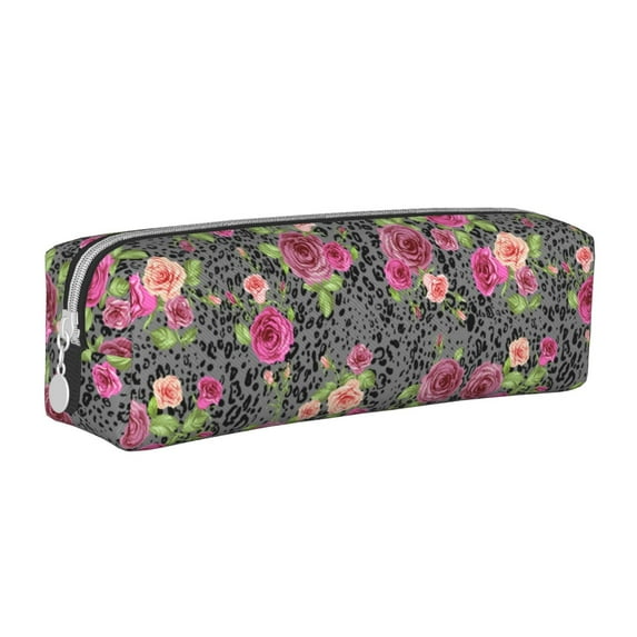 Vsdgher Rose Mix Leopard Leather Pencil Case, Makeup Pouch, Zipper Pouch for Daily Essentials, Storage Organizer, Cosmetics and Stationary Bag