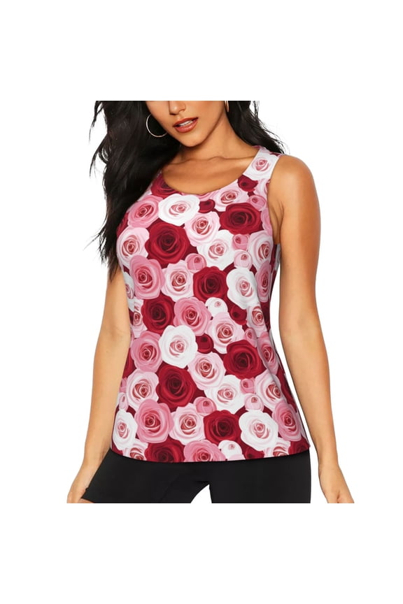 Rose Print Tank Top Sports Vest Bra for Women Sports ,Performance Stretchy Quick Dry Sports Workout Running Top Vest with Removable Pads