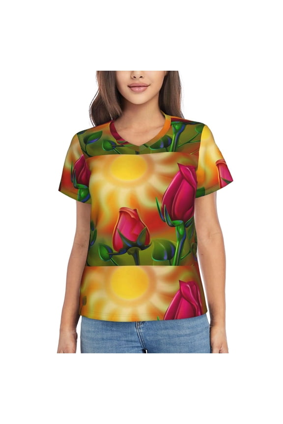 Rose Psychedelic Women Shirts V Neck Short Sleeve Tops T-Shirt Basic Tees, S to 3XLSmall