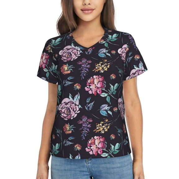 Vsdgher Roses Flowers Women Shirts V Neck Short Sleeve Tops T-Shirt Basic Tees, S to 3XLXX-Large