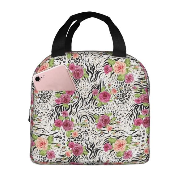 Vsdgher Roses Mixed Zebra Lunch Bag, Lunch Box for Women Adult Men, Lunch Tote Insulated Cooler Lunch Container for Work/Office/Picnic/Travel