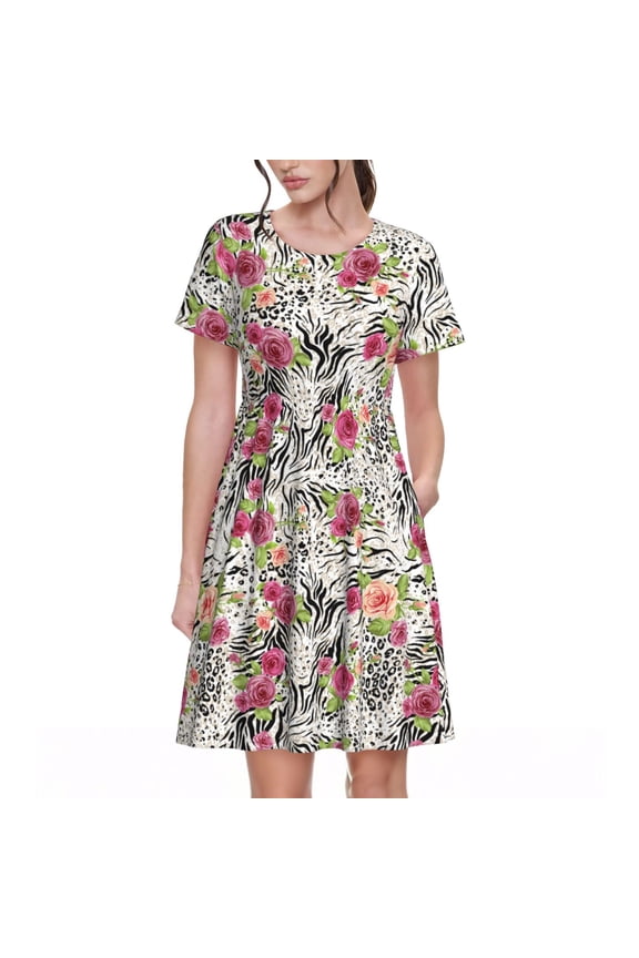Roses Mixed Zebra for Womens Summer 2025 Casual Midi Maxi Dresses Lightweight Short Sleeve Round Neck Beach Dress -XX-Large