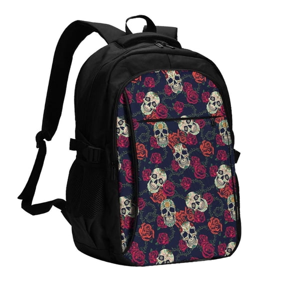 Vsdgher Roses Skulls Print Travel Laptop Backpack, Laptops Backpack with USB Charging Port, Water Resistant Computer Bag Gift for Men & Women