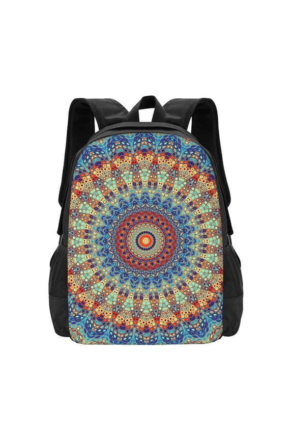 Round Mandala Print Backpack for Women Men School Bookbag with Laptop Compartment for College Work Travel, Simple Fashion Casual Daypack, Fit 15" Laptop