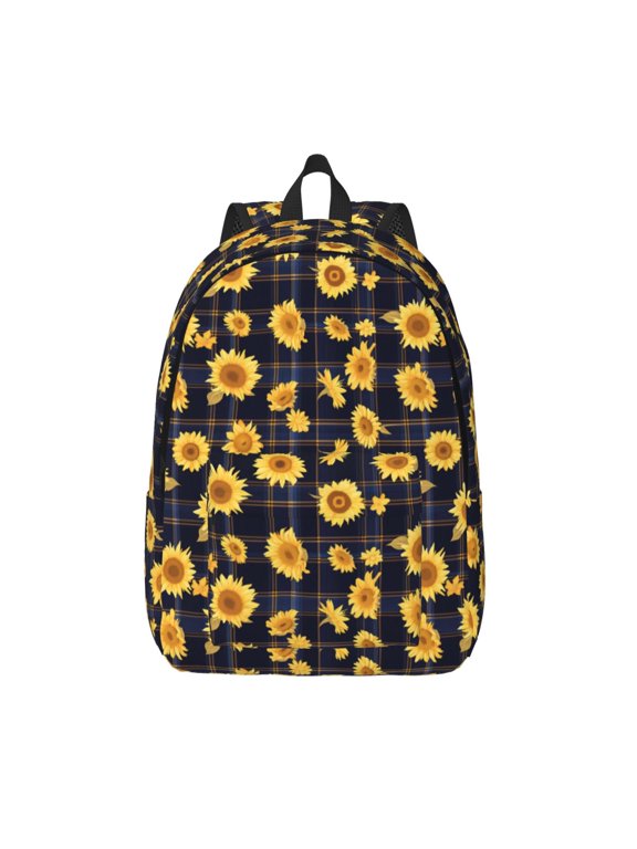 Royal Blue Plaid Sunflower Print Canvas Backpack Travel Rucksack Unisex Knapsack 15.7/17.7Inch Laptop Backpack for Work,College -Small