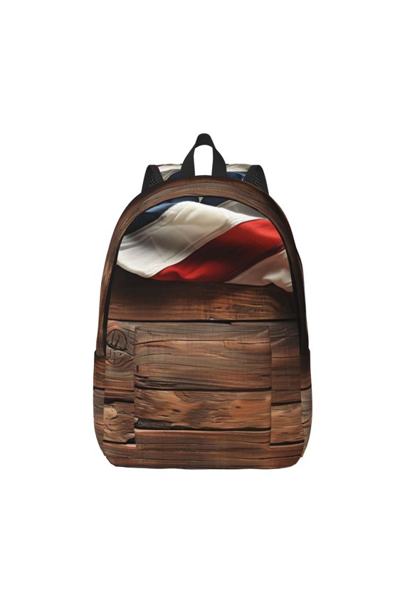 Rustic American Flag Wood Print Canvas Backpack Travel Rucksack Unisex Knapsack 15.7/17.7Inch Laptop Backpack for Work,College -Medium