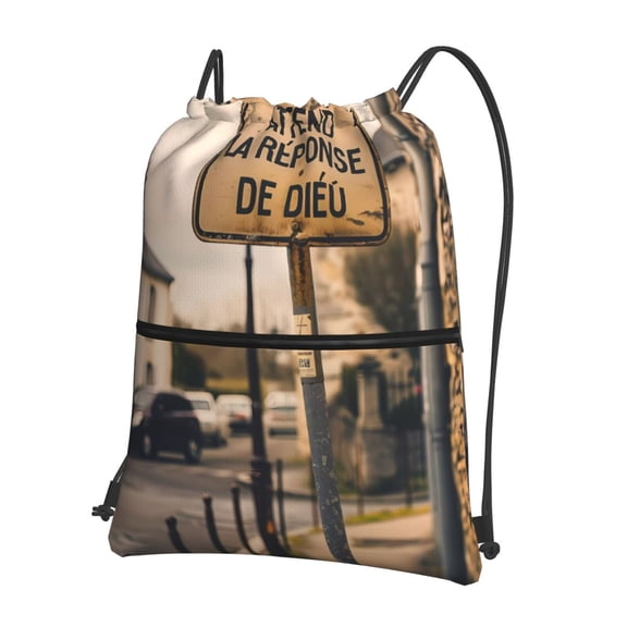 Vsdgher Rustic French Signpost Drawstring Backpack Water Resistant String Bag Sports Sackpack Gym Sack for Men Women
