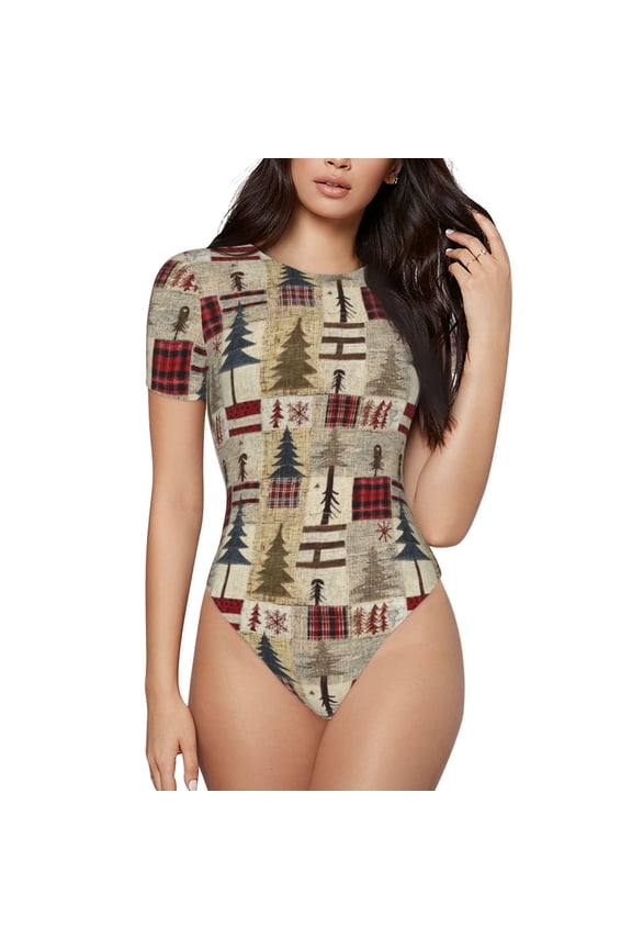 Rustic Plaid Forest Lodge Prinr Short Sleeve Body suit for Womens, Sexy Onesie One Piece Round Neck Bodysuit Shapewear Tummy Control-Medium