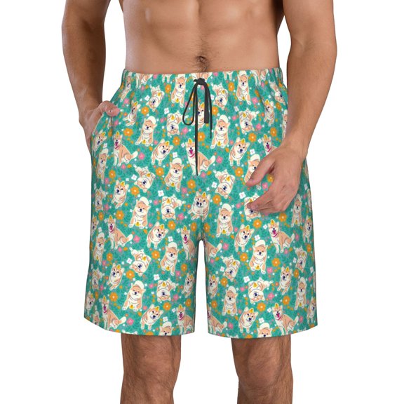 Vsdgher SHIBA WITH FLORAL Men's Beach Shorts, Surfing shorts, Swim trunks, Quick Dry Swim Trunks for Surfing Beach Fun -X-Large