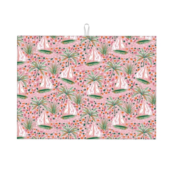 Vsdgher Sailboats And Palm Tree Dish Drying Mat Super Absorbent Drying Mat Large Dish Drying Mats for Kitchen Counter Kitchen Drying Mat 24" x 18"