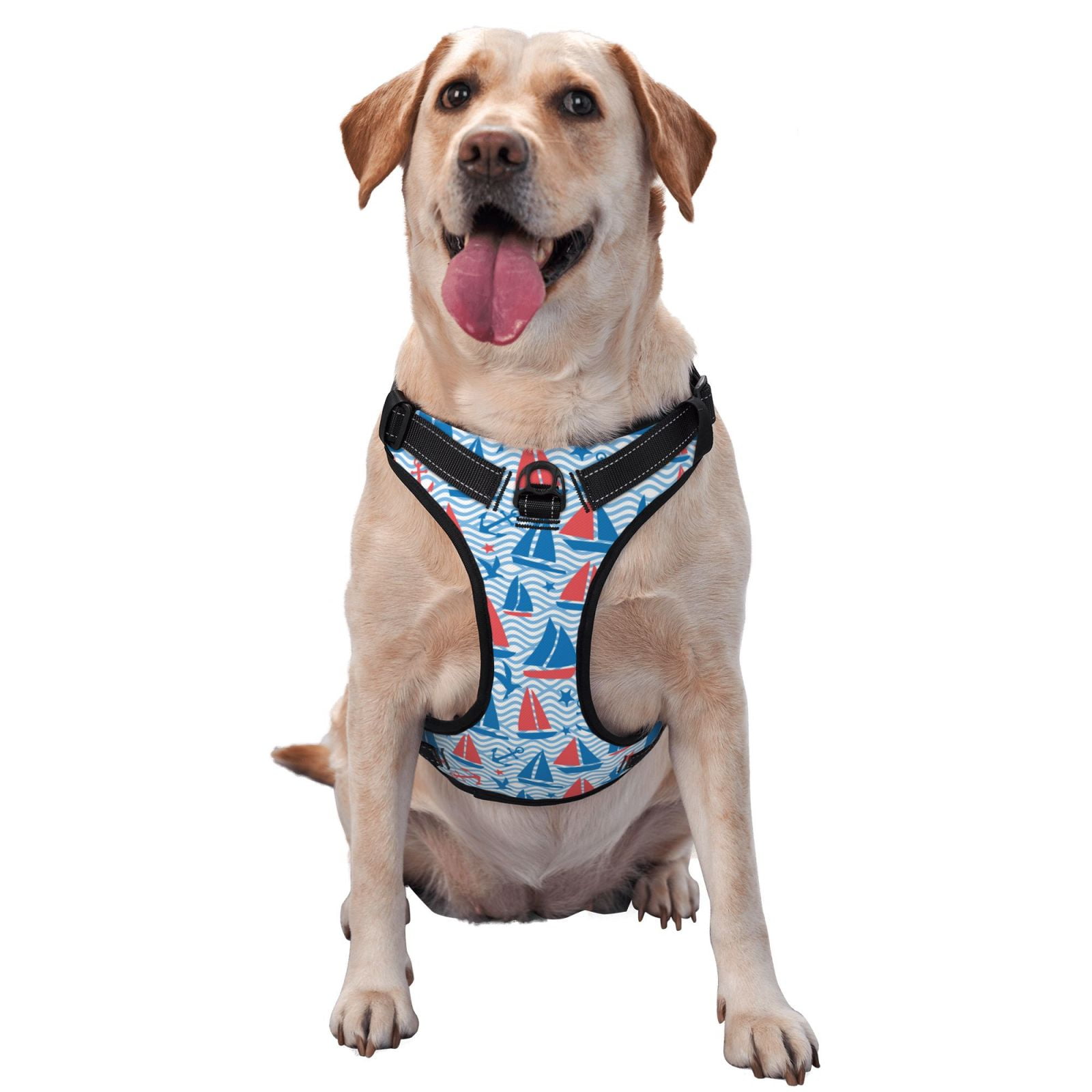 Vsdgher Sailboats On A Waves Pattern Dog Harness,No Pull Pet Harness with Soft Padded Handle,Adjustable Reflective Vest with 2 Buckles,4 Slide Buckles,S-XL