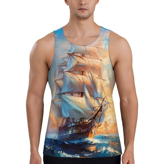 Vsdgher Sailing Ship Ocean Sunset Men's Workout Tank Tops Sleeveless Gym Shirt Quick Dry Fitness Bodybuilding Sleeveless T Shirt-XX-Large